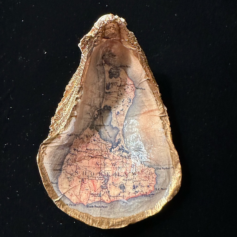 Hand crafted decopauged Block Island oyster with vintage Block Island map